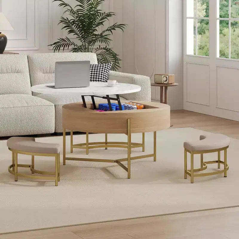 JVNOXK Modern Round Lift-Top Coffee Table with Storage & 3 Ottoman White & Natural