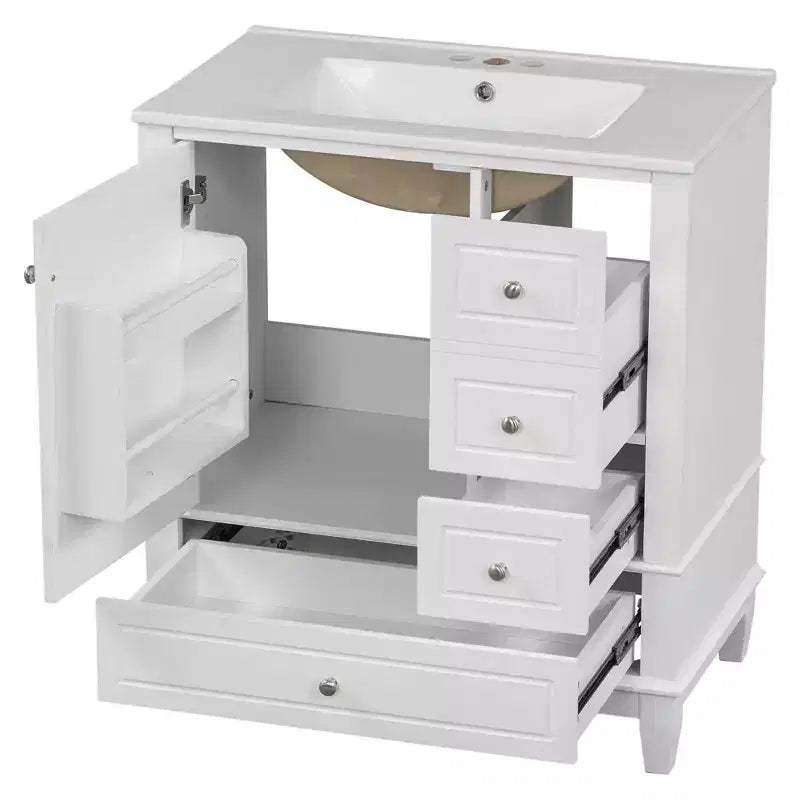 Okak 30 Inch Storage Cabinet Bathroom Vanity with Sink, One Door with Shelf and Three Drawers, Soft Close Door