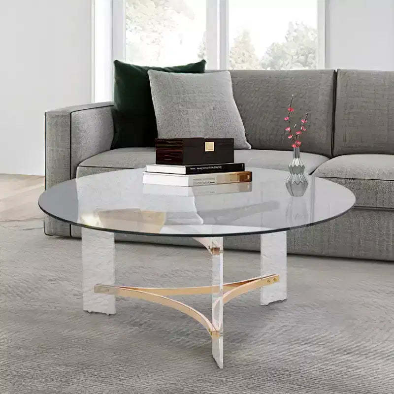 Royal Hampton 41 Inch Round Coffee Table, Glass Top, Acrylic Legs, Clear, Gold