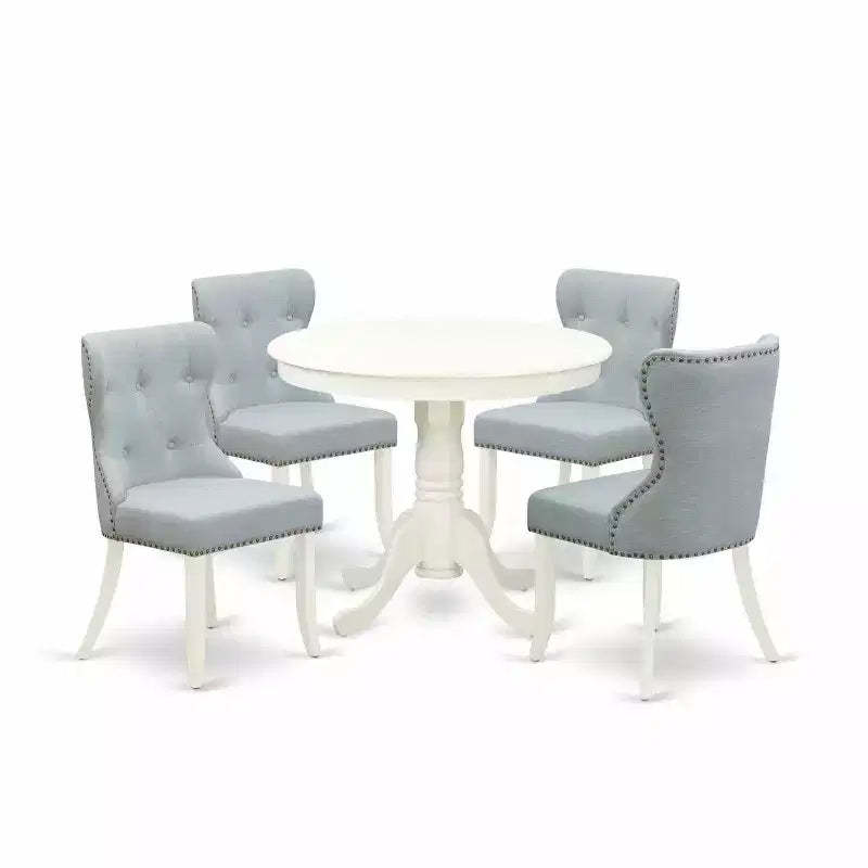 HomeStock 5-Piece Round Linen White Finish Solid Wood Top Dining table with 4 Chairs