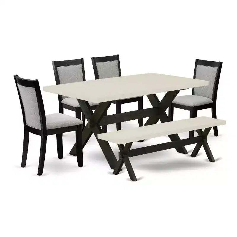 HomeStock 6-Piece Rectangle Natural Oak Finish Solid Wood Top Dining Table with 1-Bench, 4 Upholstered-Chairs