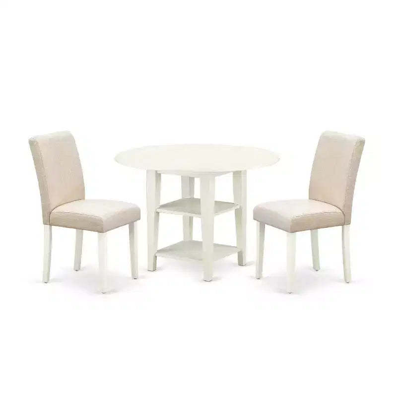 Round Dining Table Set 3pc 20/42 Inch Table w/ 2 Linen Chairs - Beige Fabric