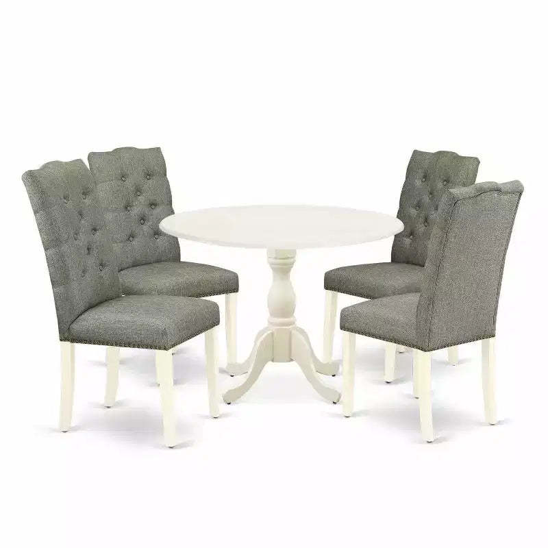 5-Piece Linen White Finish Solid Wood Top Dining table with 4 Chairs with Drop Leaf