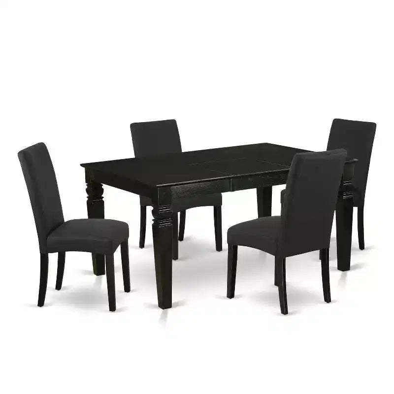 HomeStock 5-Piece Rectangle Black Finish Solid Wood Top Dining Table with 4 Parson Chair with Butterfly Leaf