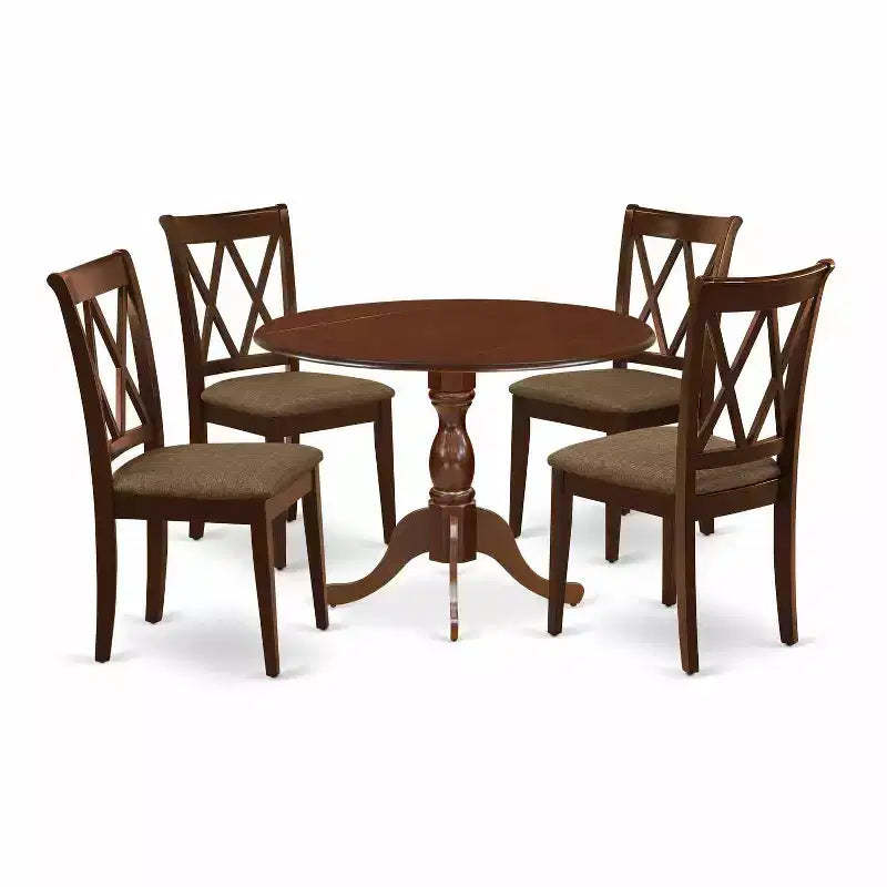 HomeStock 5-Piece Mahogany Finish Solid Wood Top Dining table with 4 Chairs with Drop Leaf Lattice Back