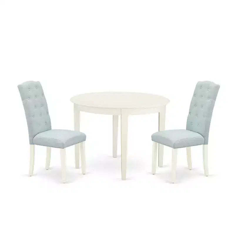 3Pc Dinette Set - Kitchen Table & 2 Chairs - Small Round Table - Linen White & Baby Blue