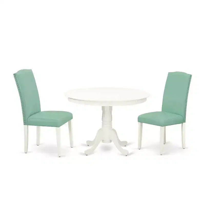 Round Dining Table Set 3pc - 42 Table & 2 Parsons Chairs - Modern PU Leather & Linen White Legs