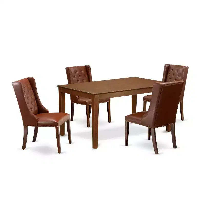 5-Piece Mahogany Finish Solid Wood Top Rectangular Button Tufted Dining Room Set (Seats-4)