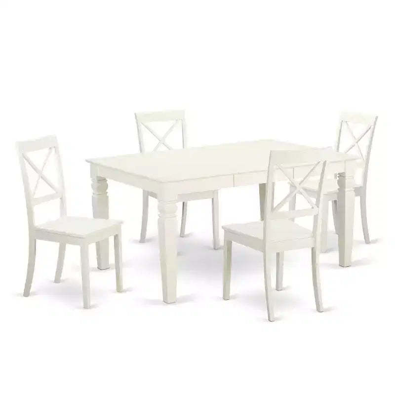 5 Piece Dinette Set - Rectangle Table with Leaf & 4 Chairs - 42x60 Inch - Linen White