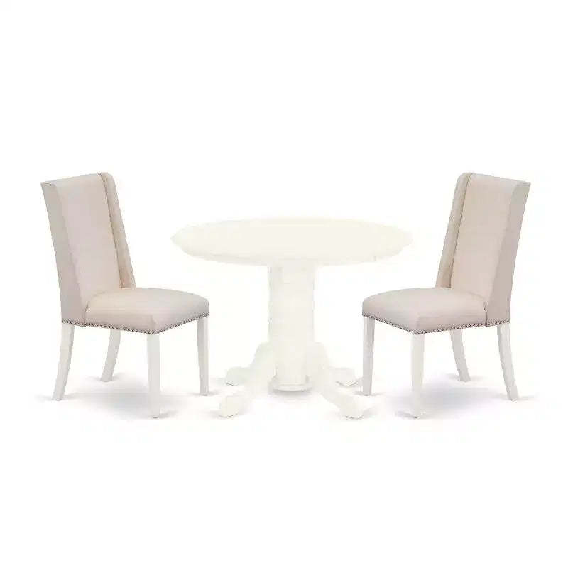 HomeStock 3-Pc Linen white Solid Wood Top - Round Upholstered Dining Room Set - Seats 4