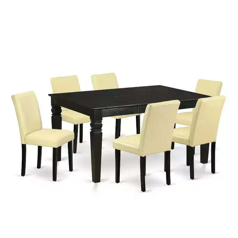 Dinette Table Set 7Pc Rectangular Kitchen Table with 6 Chairs - 42/60 Leaf & Black Legs