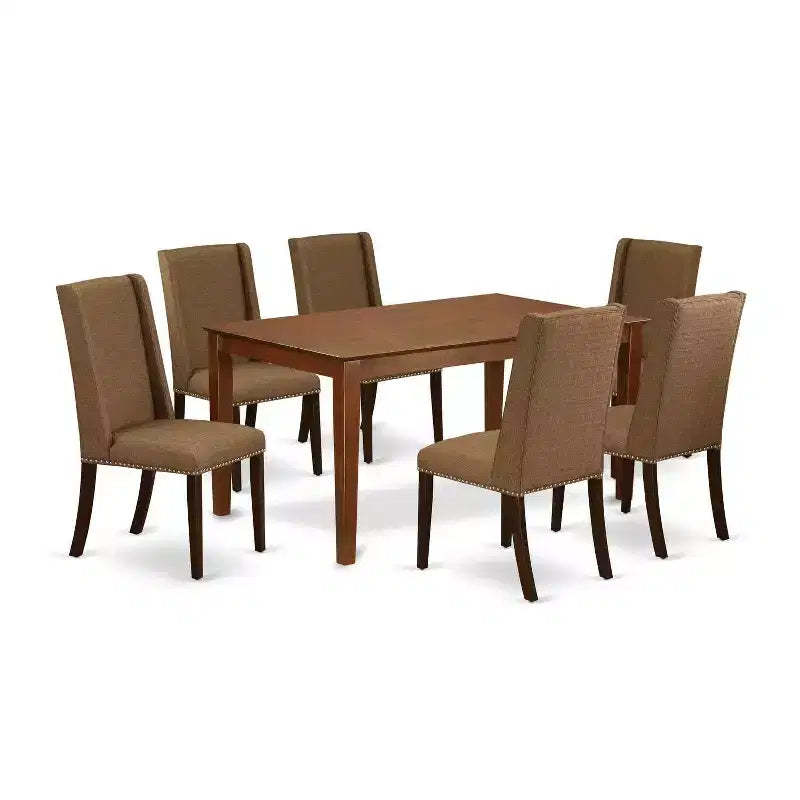 HomeStock 7-Piece Mahogany Finish Solid Wood Top Dining Table with 6-Parson Chairs