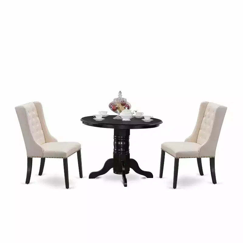 3-Piece Black Finish Solid Wood Top - Button Tufted Dining Room Set - Seats 4