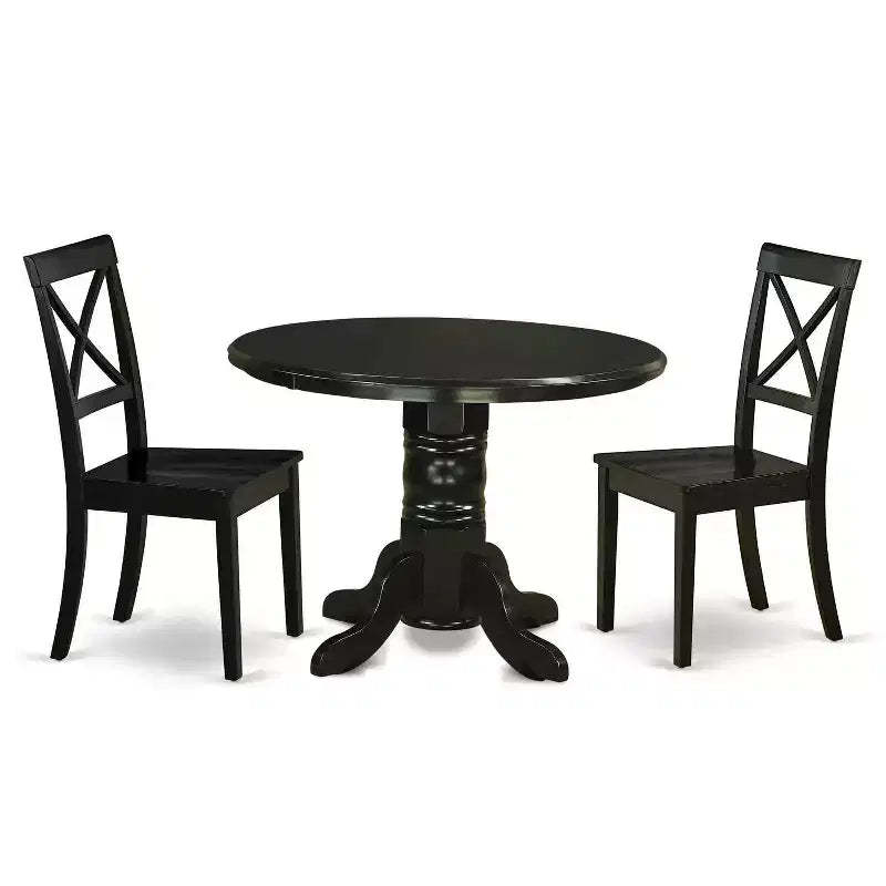 HomeStock 3-Piece Round Black Finish Solid Wood Top Dining Table with 2 Chairs
