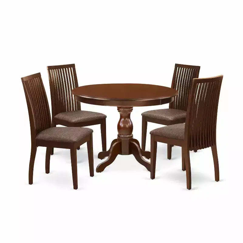 HomeStock 5-Piece Mahogany Finish Solid Wood Top Dining table with 4 Chairs with Slat Back