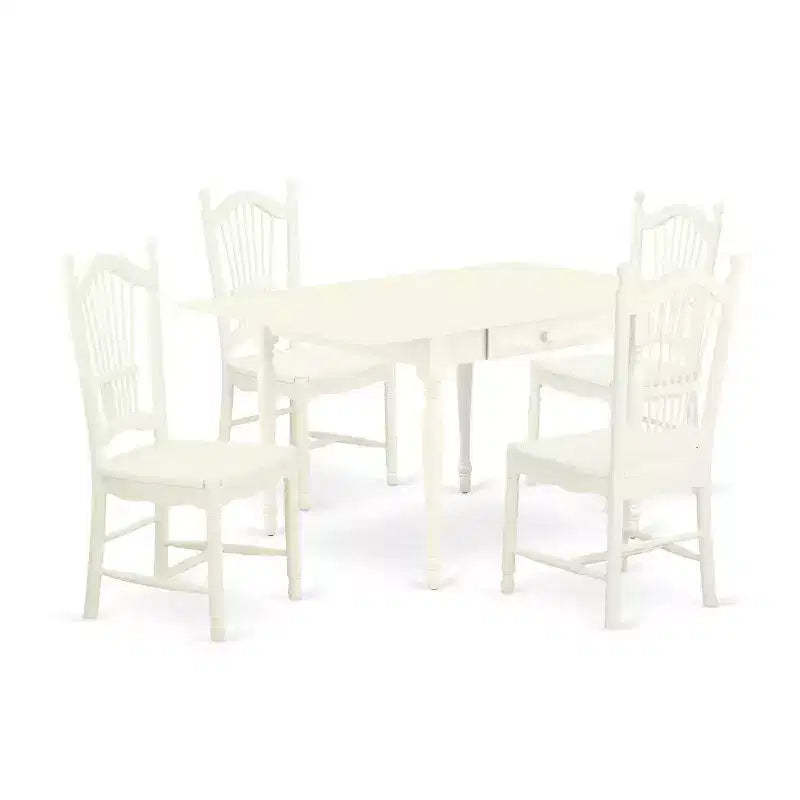 HomeStock 5-Pc Linen White Finish Solid Wood Top - Dining Room Set with Dropleaf - Seats 4