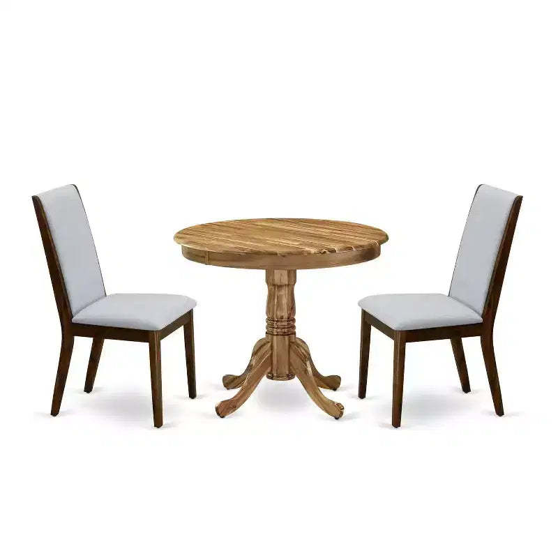 3-Piece Natural Oil Finish Solid Wood Top - Round Upholstered Dining Room Set - Seats 4