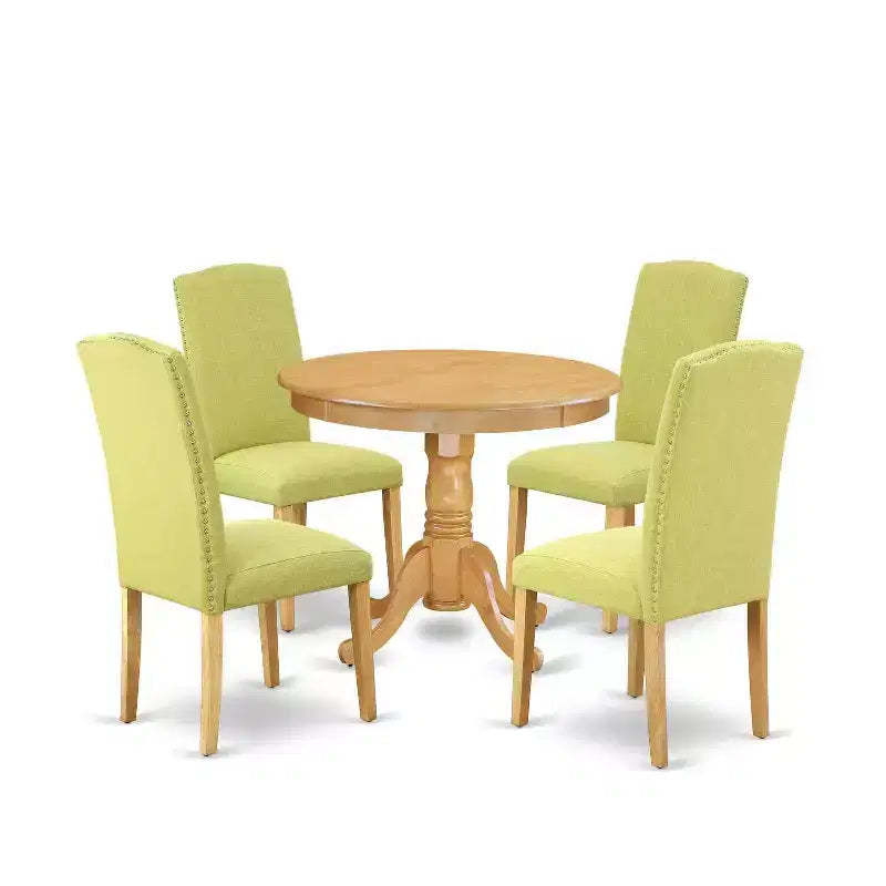 Modern Round Dining Set 5Pc - 36 Table & 4 Chairs - Oak Legs, Linen Fabric - HomeStock