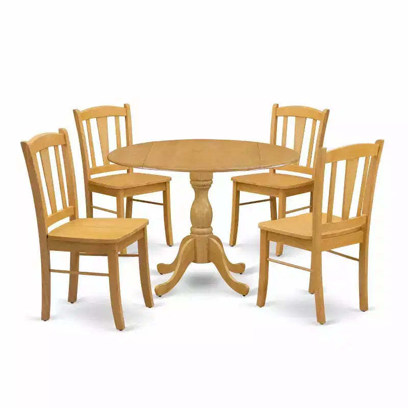 HomeStock 5-Piece Natural Oak Finish Solid Wood Top Dining table with 4 Chairs with Drop Leaf Slat Back