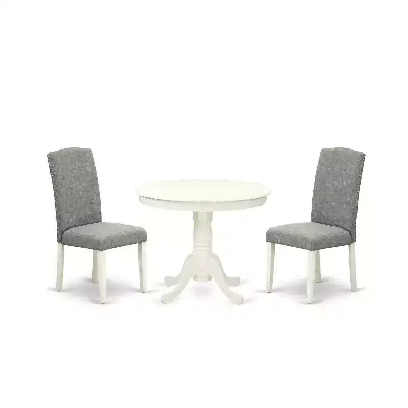 Round Dining Table Set 36 Inch - 3Pc Table & Chairs - Linen White Legs - Dark Shitake Fabric
