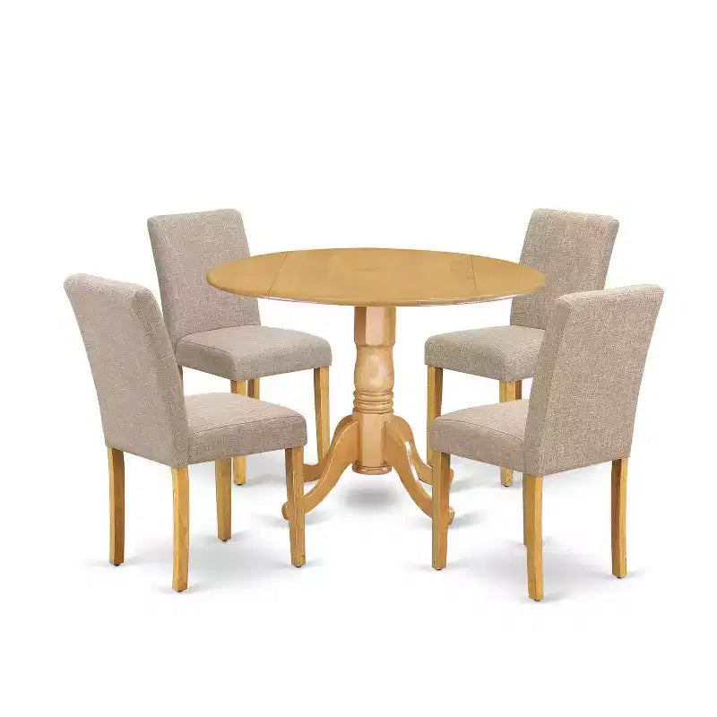HomeStock 5-Piece Round Natural Oak Finish Solid Wood Top Dining Table with 4 Parson Chair with Drop Leaf