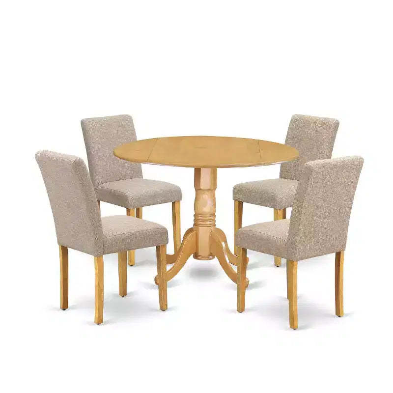 HomeStock 5-Piece Round Natural Oak Finish Solid Wood Top Dining Table with 4 Parson Chair with Drop Leaf