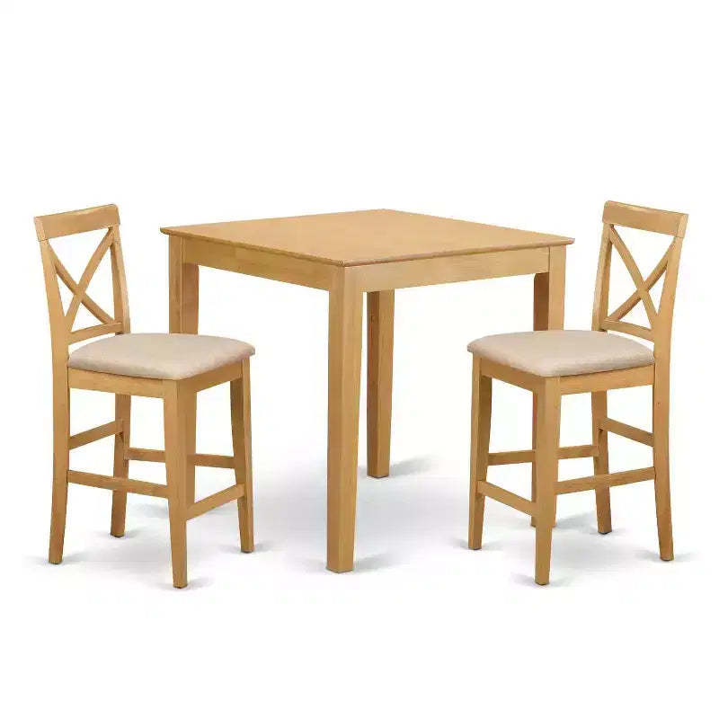 HomeStock 3-Piece Natural Brown Oak Finish Solid Wood Top Counter Height Dining Table Set