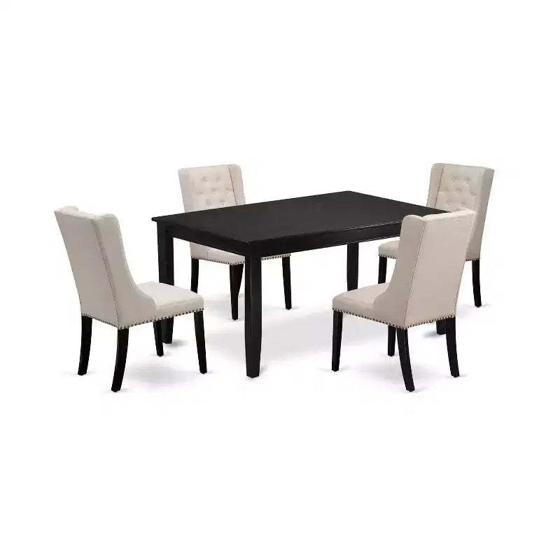 5-Piece Black Finish Solid Wood Top - Rectangular Button Tufted Dining Room Set - Seats 4