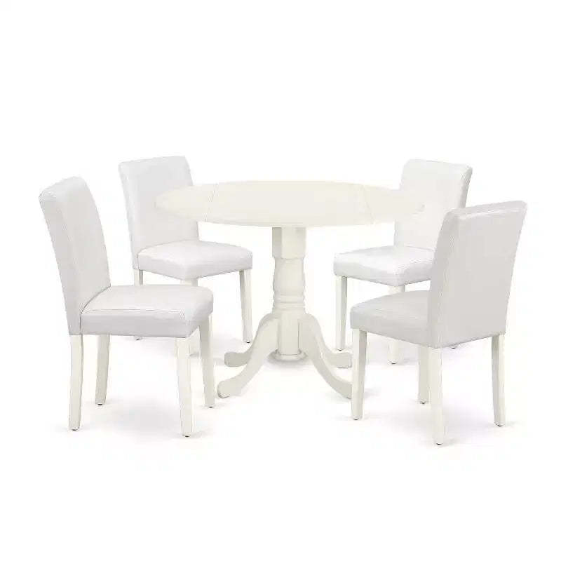 Round Kitchen Table Set 5pc 42 Table w/ Drop Leaves & 4 Parsons Chairs - White PU Leather