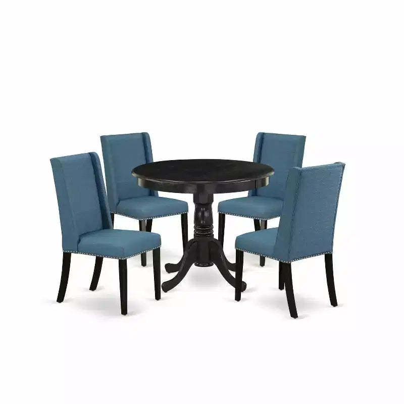 HomeStock 5-Piece Round Wirebrushed Black Finish Solid Wood Top Dining table with 4-Chairs