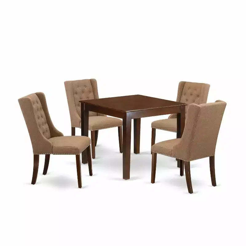 5-Piece Mahogany Finish Solid Wood Top - Square Button Tufted Dining Room Set - Seats 4