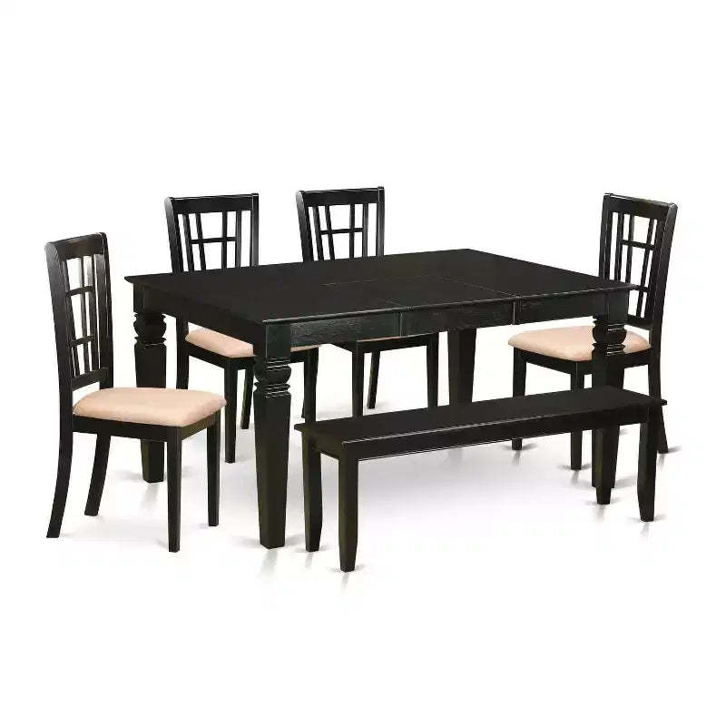 HomeStock 6-Piece Rectangle Black Finish Solid Wood Top dining Table with 1 Bench and 4 Chairs