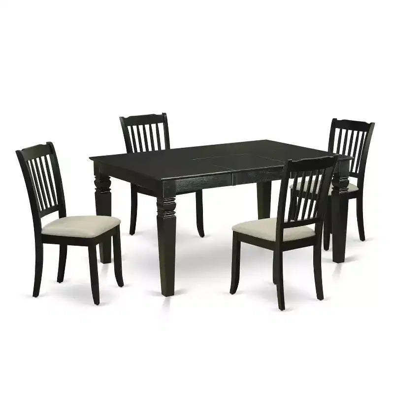 HomeStock 5-Piece Rectangle Black Finish Solid Wood Top Dining table with 4-Chairs with Butterfly Leaf Slat Back