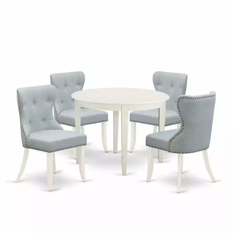 5-Piece Linen White Solid Wood Top - Dining Room Set Seats-4