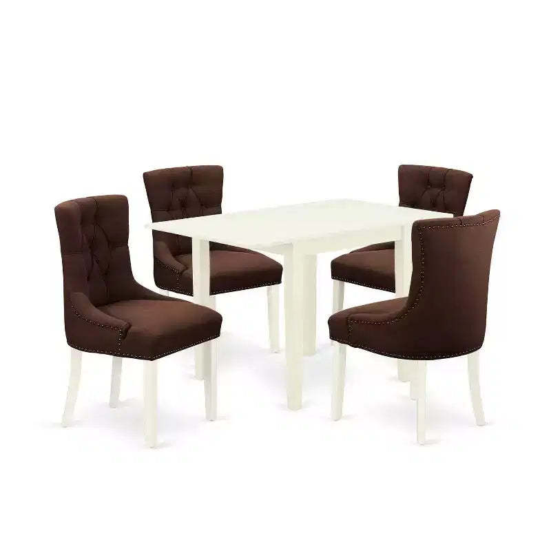 Vintage Dinette Set 5Pcs - Parson Chairs & Table - Linen White Wood - Chocolate Fabric