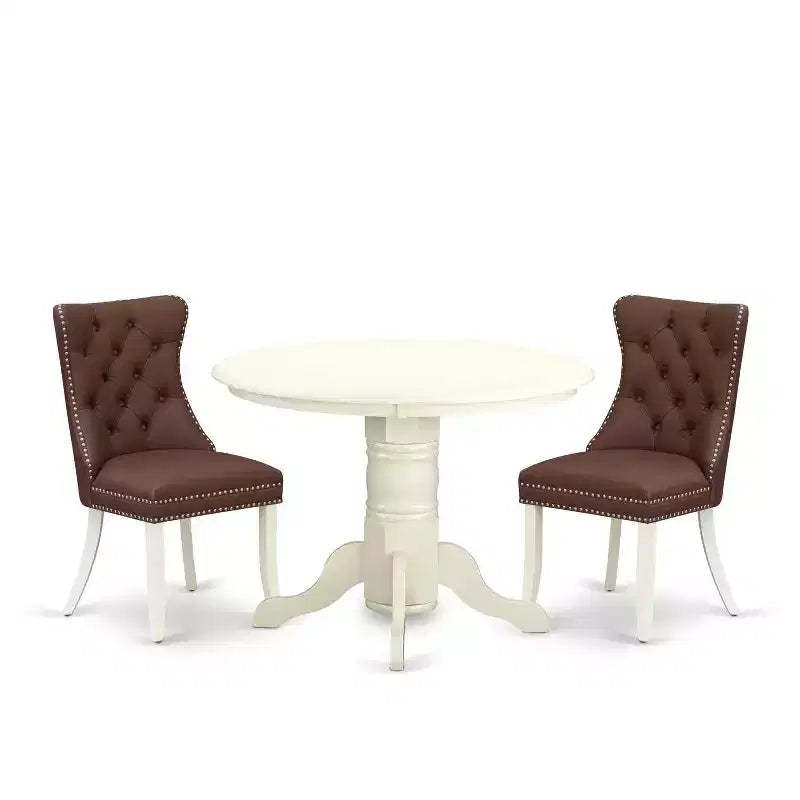 3-Piece Linen white Solid Wood Top - Round Upholstered Dining Room Set - Seats 4