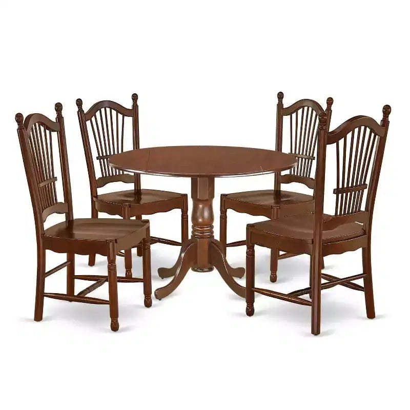 HomeStock 5-Piece Round Mahogany Finish Solid Wood Top Dining Table with 4 Chairs with Drop Leaf