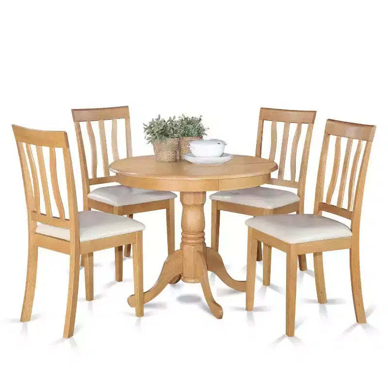 5-Piece Round Natural Oak Finish Solid Wood Top Dining table with 4 Chairs with