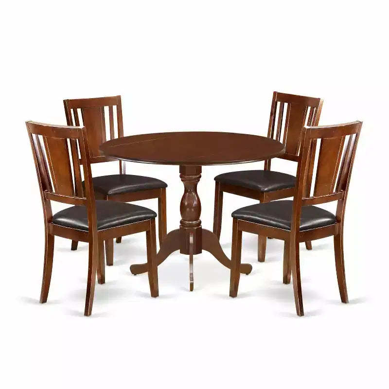 HomeStock 5-Piece Mahogany Finish Solid Wood Top Dining table with 4-Chairs with Drop Leaf Lattice Back