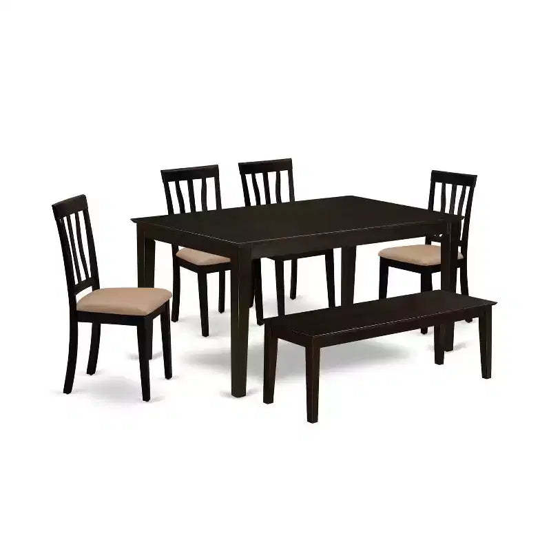 HomeStock 6-Piece Rectangle Cappuccino Finish Solid Wood Top Dining Table with 1 Bench, 4 Chairs
