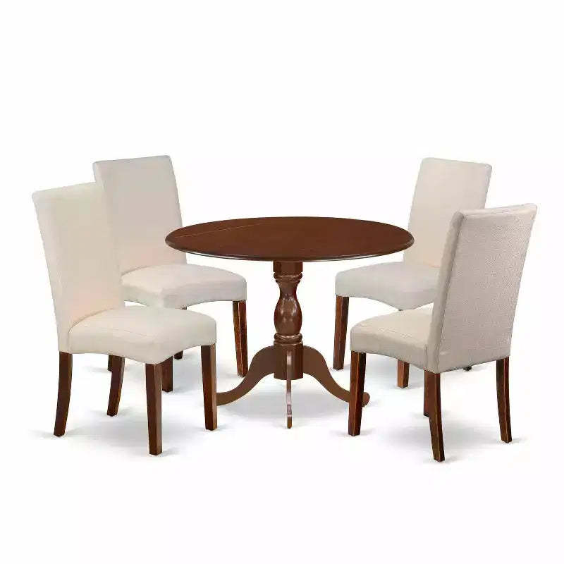 5-Piece Mahogany Finish Solid Wood Top Dining table with 4 Chairs with Drop Leaf
