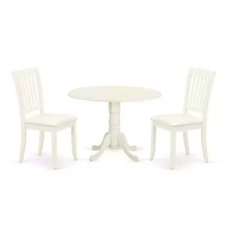 Round Dinette Set with Drop Leaf Table & 2 Linen Dining Chairs - White Finish