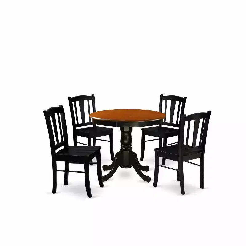 HomeStock 5-Piece Black Finish Solid Wood Top Dining table with 4 Chairs with Slat Back
