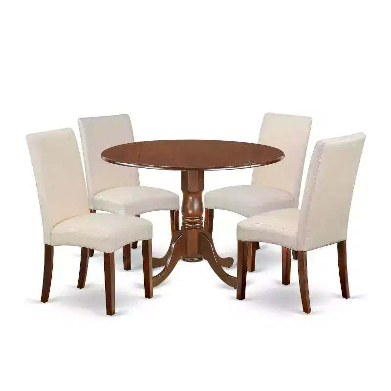 Boho Kitchen Table Set 5pc Round 42 Table w/ Drop Leaves & 4 Cream Linen Chairs