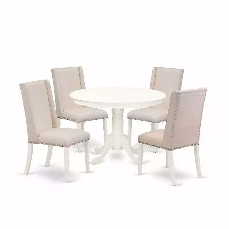 HomeStock 5-Piece Linen White Finish Solid Wood Top Dining Table with 4 Parson Chair