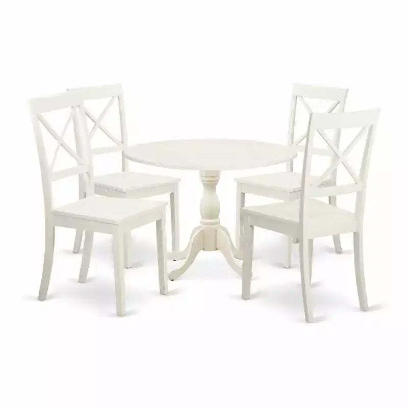 HomeStock 5-Piece Linen White Finish Solid Wood Top Dining table with 4-Chairs with Drop Leaf Lattice Back