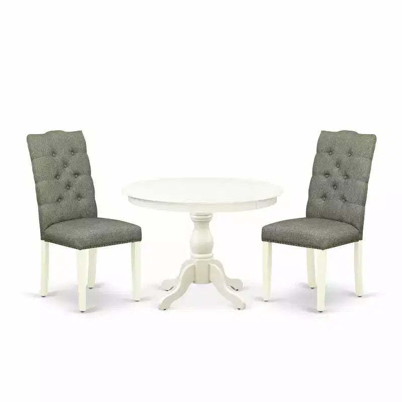 3-Piece Linen White Finish Solid Wood Top - Button Tufted Dining Room Set - Seats 4