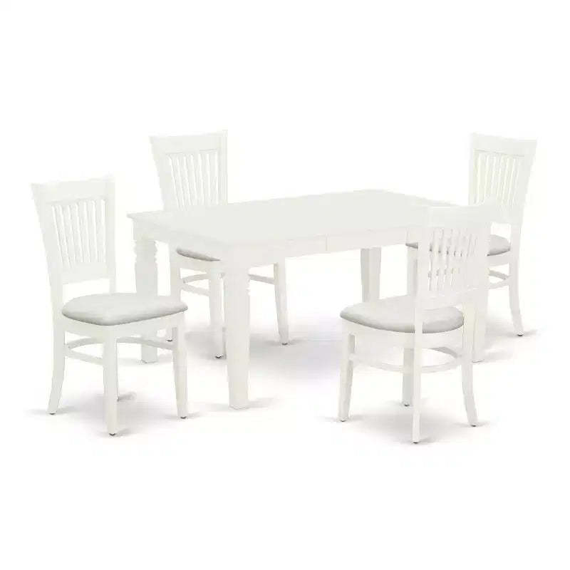 HomeStock 5-Piece Rectangle Linen White Finish Solid Wood Top Dining table with 4 Chairs with Butterfly Leaf Slat Back