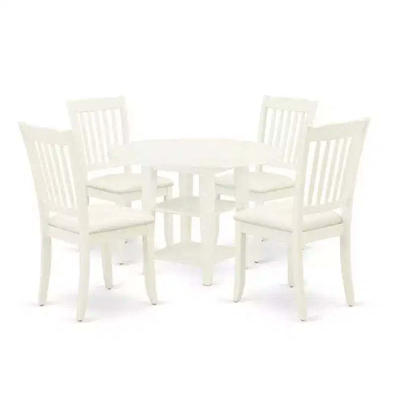 HomeStock 5-Pc Linen White Finish Solid Wood Top - Round Dining Room Set with Dropleaf - Seats 4