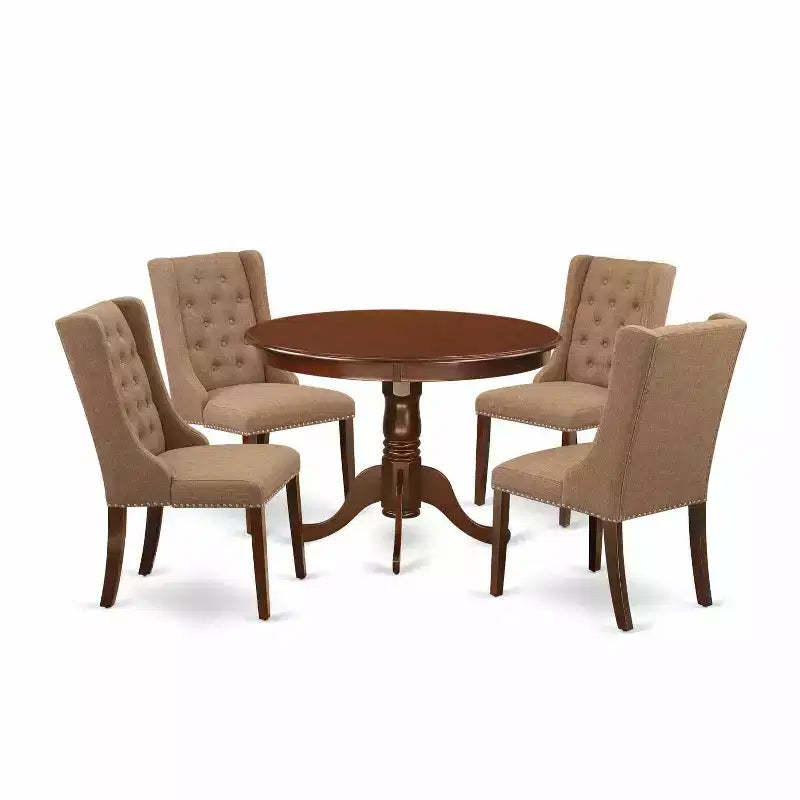 HomeStock 5-Piece Mahogany Finish Solid Wood Top Dining Table with 4 Parson Chair